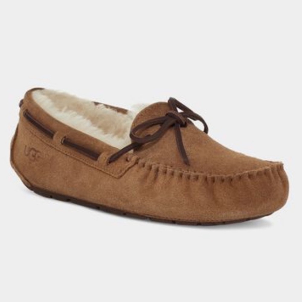 LN UGG Dakota Chestnut Tan Suede Shearling Fur Moccasins Slippers - 7